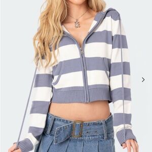 Edikted Striped Cropped Hoodie in Blue and White